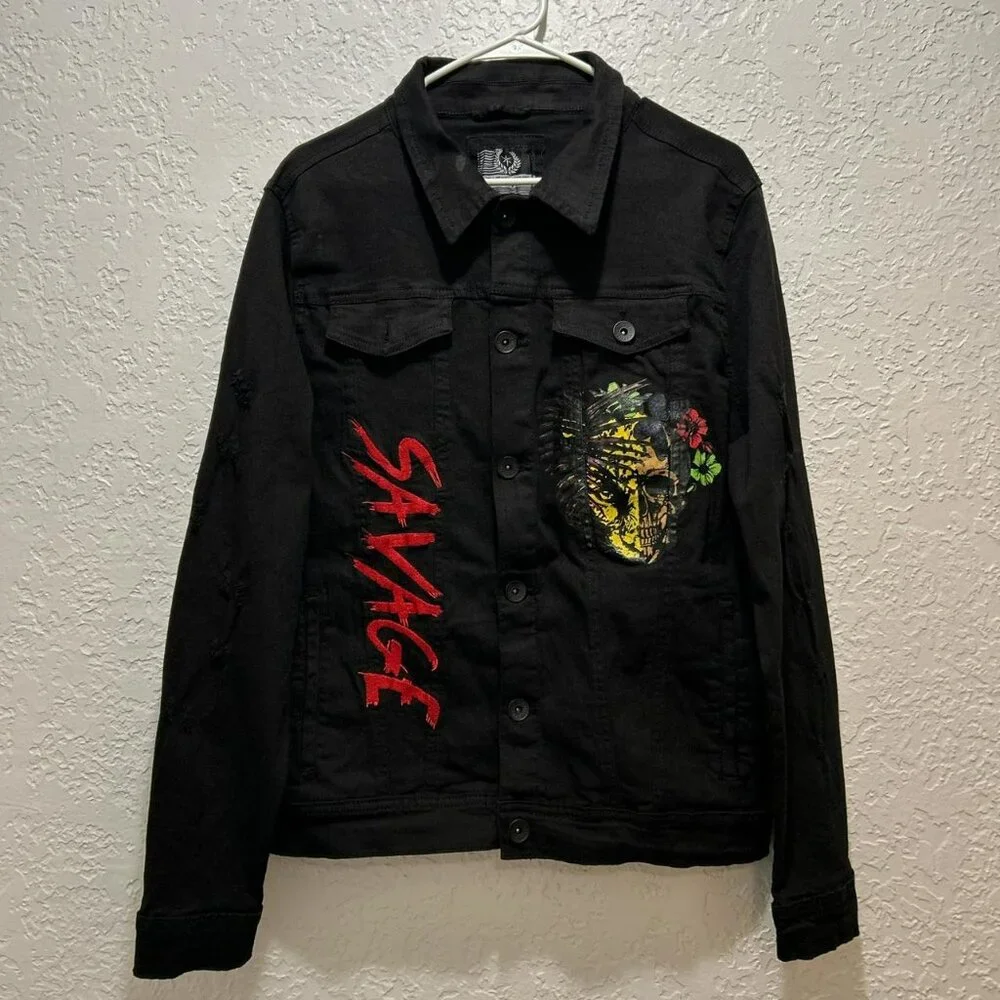 Black Pike Jacket Size Large with Savage Skull Graphic – Button Front - Picture 1 of 8